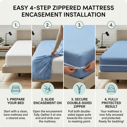 Satin Stripe Zipped Mattress Protector Double Side Zipper Closure Full Encasement Covers Anti Bed Bug Mattress Zip Protector 30cm Deep Matress Cover with Zip Blue and white