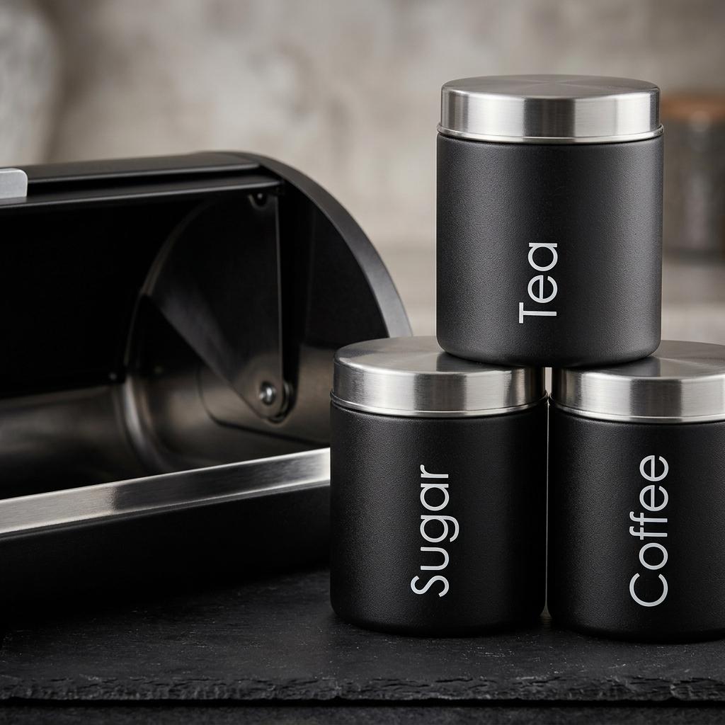 4 Piece Stainless Steel Bread Bin with Tea Coffee Sugar Canister Set Black Powder Coated Kitchen Storage Containers Modern Countertop Food Storage & Kitchen Organisation
