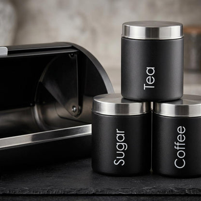 4 Piece Stainless Steel Bread Bin with Tea Coffee Sugar Canister Set Black Powder Coated Kitchen Storage Containers Modern Countertop Food Storage & Kitchen Organisation