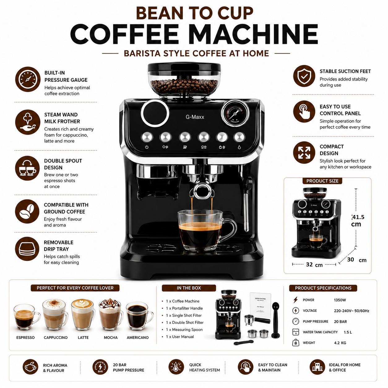 Home Coffee Machine Espresso Maker with Milk Frother Steam Wand Dual Shot Brewing and Pressure Gauge for Cappuccino Latte Lovers