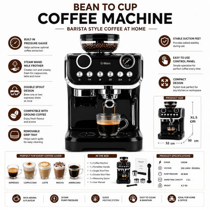 Home Coffee Machine Espresso Maker with Milk Frother Steam Wand Dual Shot Brewing and Pressure Gauge for Cappuccino Latte Lovers