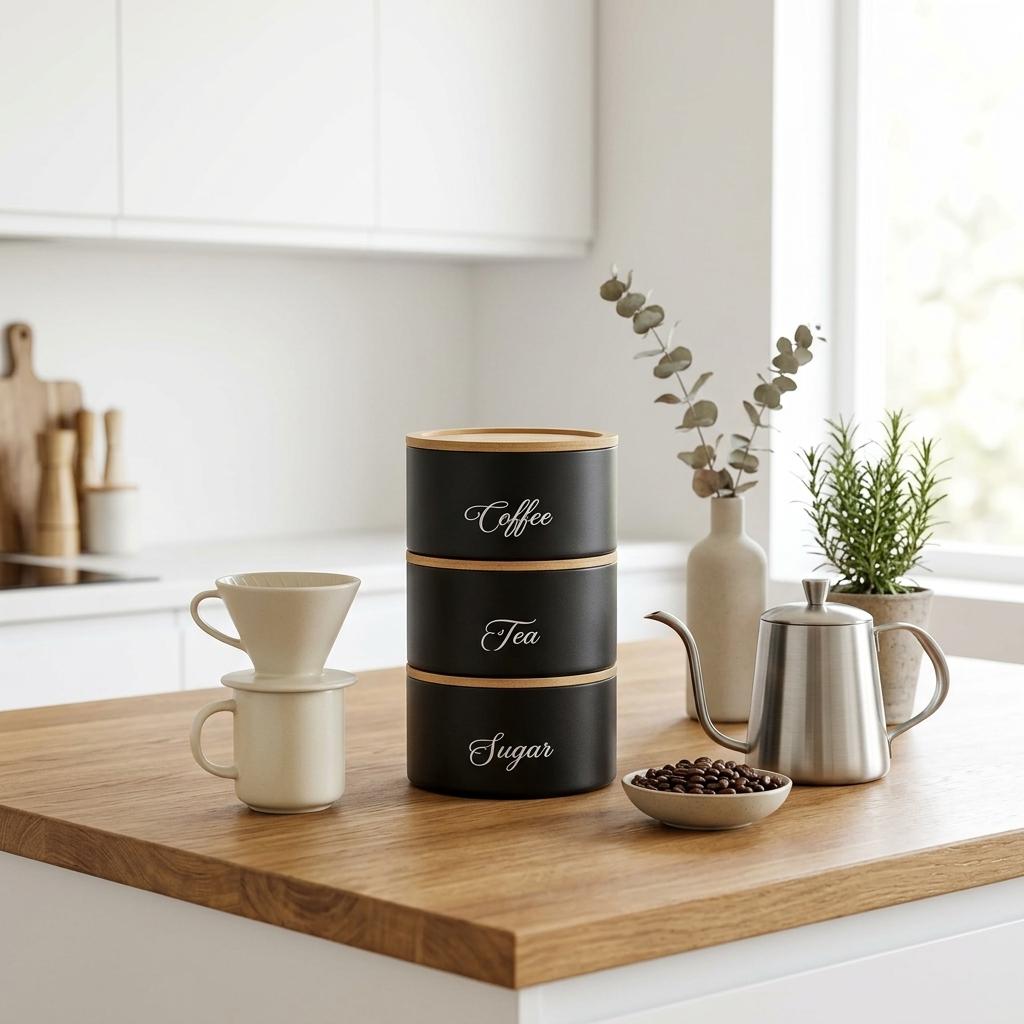 3 Piece Round Storage Canister Set Stackable Metal Kitchen Containers with Bamboo Lids for Tea, Coffee, Sugar & Pantry Storage