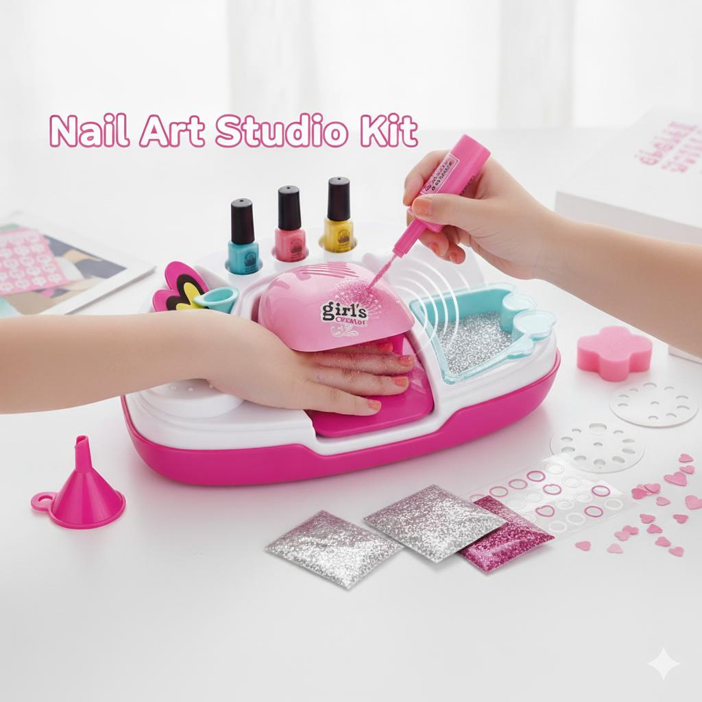 Nail Art Studio Kit for Kids with Battery Nail Dryer Washable Manicure Set with Stickers Glitter & Polish Pens Creative Toy Gift for Girls, Perfect for Parties & Playdates