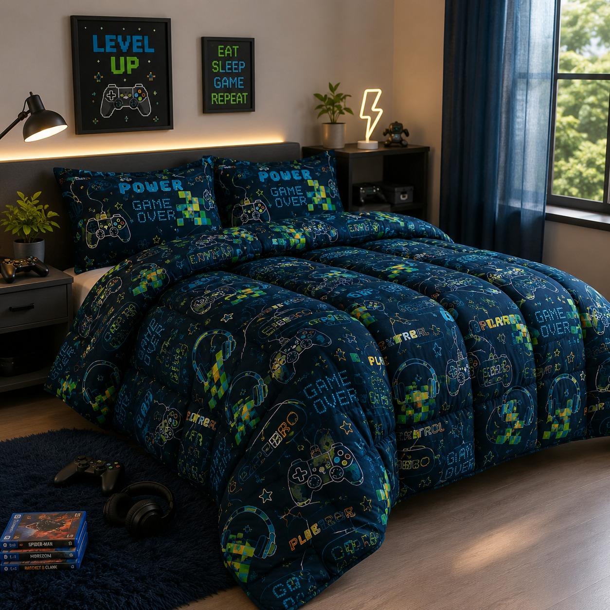 Reversible Coverless Duvet Set 10.5 Tog Soft Quilted Bedding Set with Pillowcases Unicorn Gamer Print Single Double