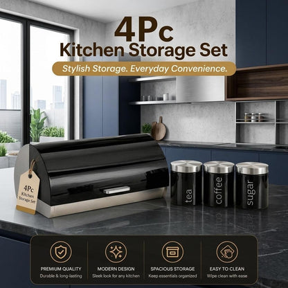 4 Piece Stainless Steel Bread Bin with Tea Coffee Sugar Canister Set Black Powder Coated Kitchen Storage Containers Modern Countertop Food Storage & Kitchen Organisation