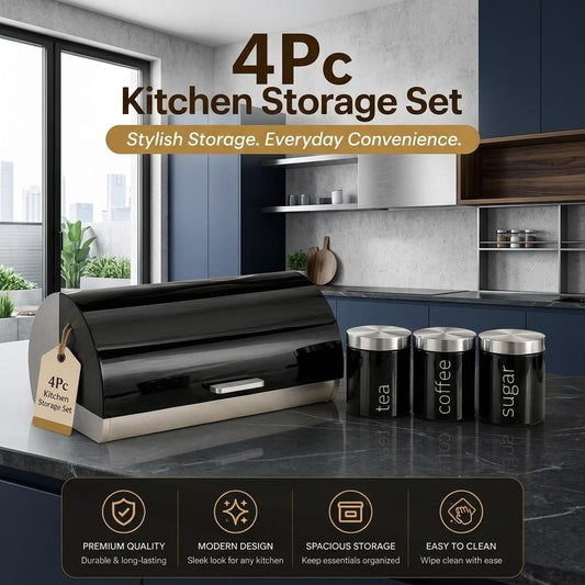 4 Piece Stainless Steel Bread Bin with Tea Coffee Sugar Canister Set Black Powder Coated Kitchen Storage Containers Modern Countertop Food Storage & Kitchen Organisation