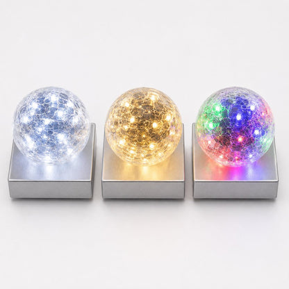 2 Pack Solar Crackle Glass Ball Lights Silver Base Outdoor LED Post Deck Cap Garden Pathway Lighting UK