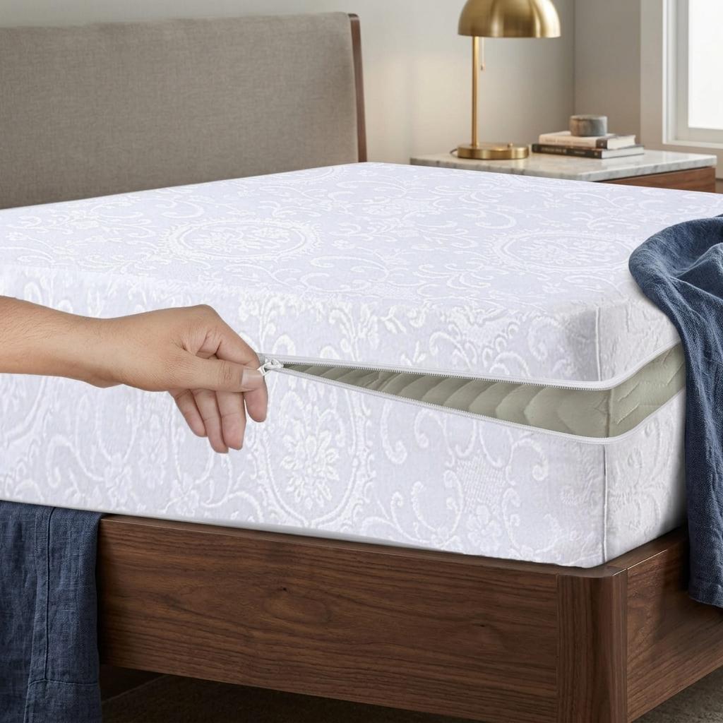 Zipped Mattress Protector Full Encasement Jacquard Flower Polycotton Anti Bed Bug Cover Breathable Hypoallergenic White