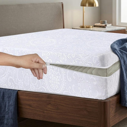 Zipped Mattress Protector Full Encasement Jacquard Flower Polycotton Anti Bed Bug Cover Breathable Hypoallergenic White