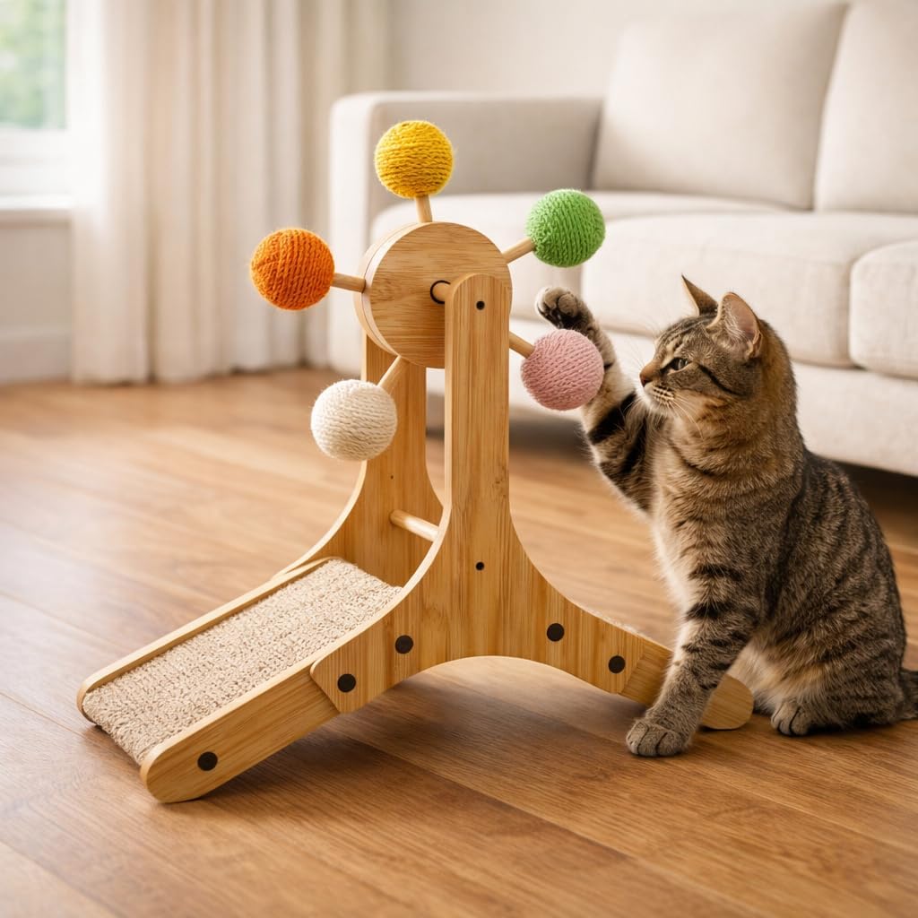 Rotating Ball Cat Scratcher with Sisal Board Wooden Interactive Cat Scratching Post &Toy Natural Bamboo Scratcher for Indoor Cats, Kittens & Small Pets