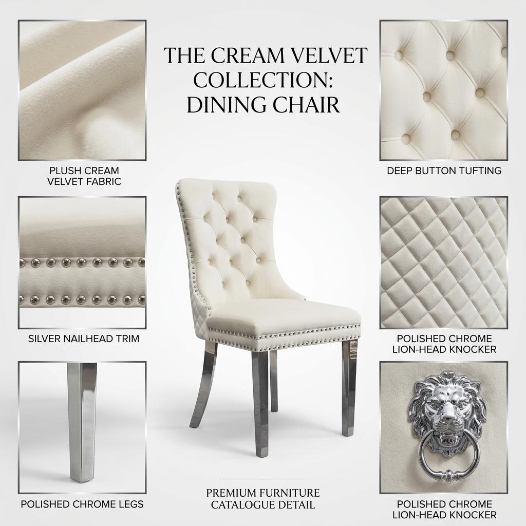 Velvet Dining Chair with Chrome Effect Door Knocker High Back Padded Seat Metal Legs Upholstered Dining Room Chair Single