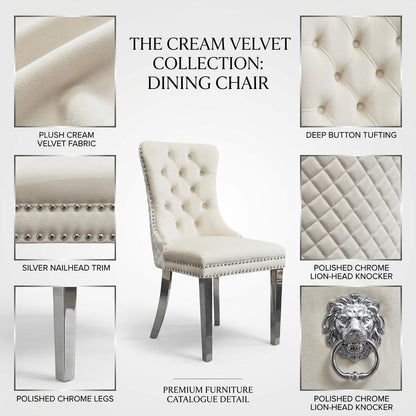Velvet Dining Chair with Chrome Effect Door Knocker High Back Padded Seat Metal Legs Upholstered Dining Room Chair Single