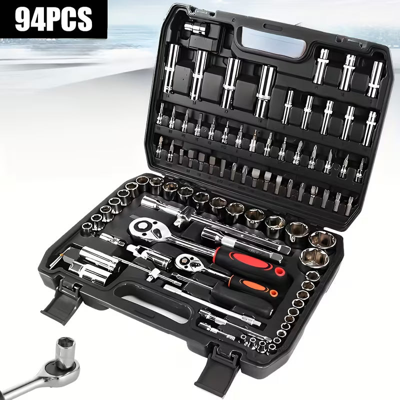 94 Piece Professional Socket Wrench Set with 1/2 & 1/4 Drive Ratchets, Chrome Vanadium Socket Kit, Heavy Duty Tool Box for Car, Motorcycle, Bicycle & Home Repairs
