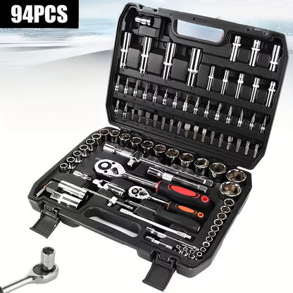 94 Piece Professional Socket Wrench Set with 1/2 & 1/4 Drive Ratchets, Chrome Vanadium Socket Kit, Heavy Duty Tool Box for Car, Motorcycle, Bicycle & Home Repairs