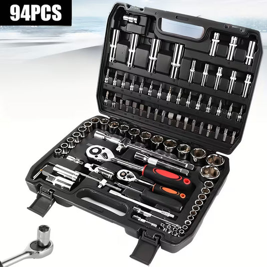94 Piece Professional Socket Wrench Set with 1/2 & 1/4 Drive Ratchets, Chrome Vanadium Socket Kit, Heavy Duty Tool Box for Car, Motorcycle, Bicycle & Home Repairs