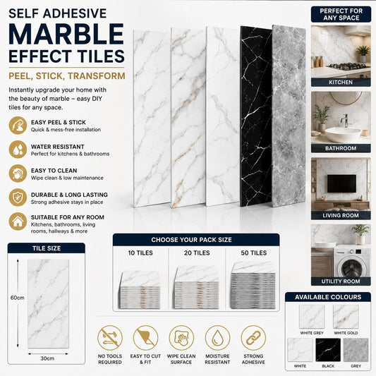 Marble Effect Waterproof Wall Tile Stickers 30cm x 60cm 10-20PCS Easy DIY PVC Peel and Stick Decor for Kitchen Bathroom Living Room