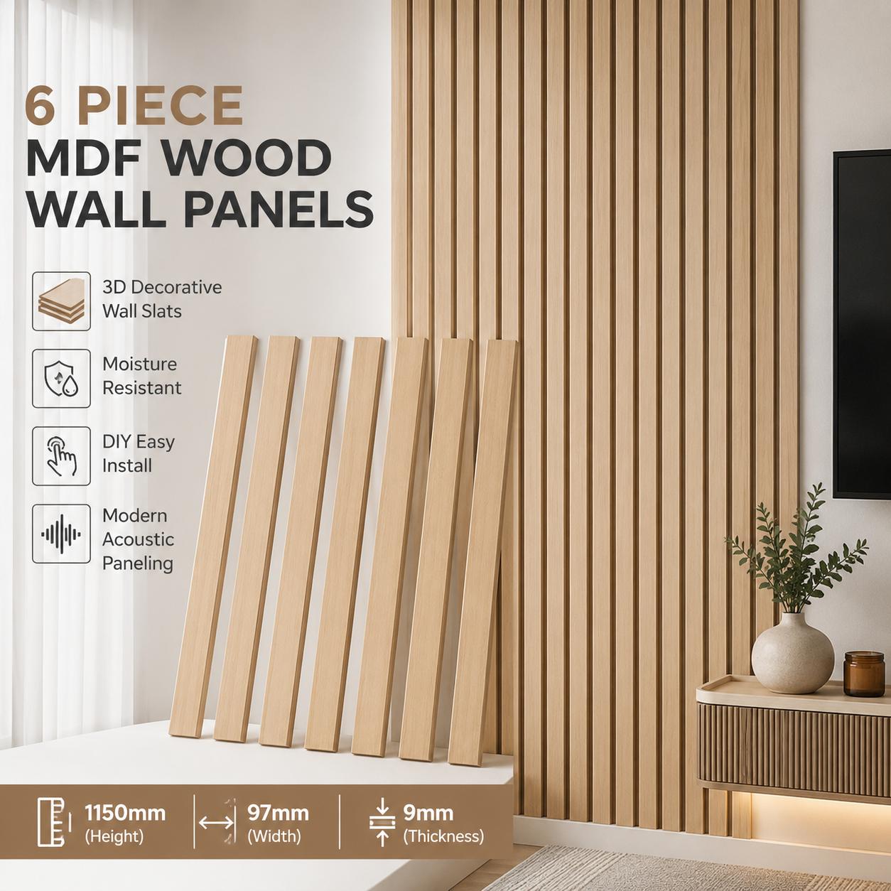 6 Piece Paintable MDF Wall Panels 3D Decorative Wall Slats for Interior Feature Walls, DIY Shaker Style Wall Panelling, Moisture Resistant