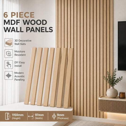 6 Piece Paintable MDF Wall Panels 3D Decorative Wall Slats for Interior Feature Walls, DIY Shaker Style Wall Panelling, Moisture Resistant