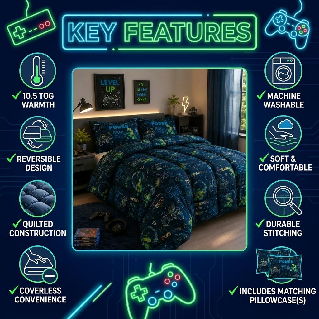 Reversible Coverless Duvet Set 10.5 Tog Soft Quilted Bedding Set with Pillowcases Unicorn Gamer Print Single Double