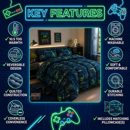 Reversible Coverless Duvet Set 10.5 Tog Soft Quilted Bedding Set with Pillowcases Unicorn Gamer Print Single Double