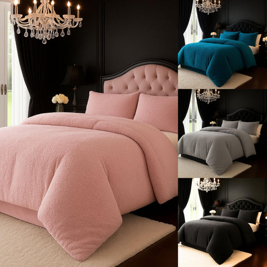 New Soft Teddy Fleece Duvet Quilt Cover Bedding Set with 2 Matching Pillow Cases Cosy bedding All Sizes Pink Teal Black Grey Snuggle Cozy bedding Duvet Cover