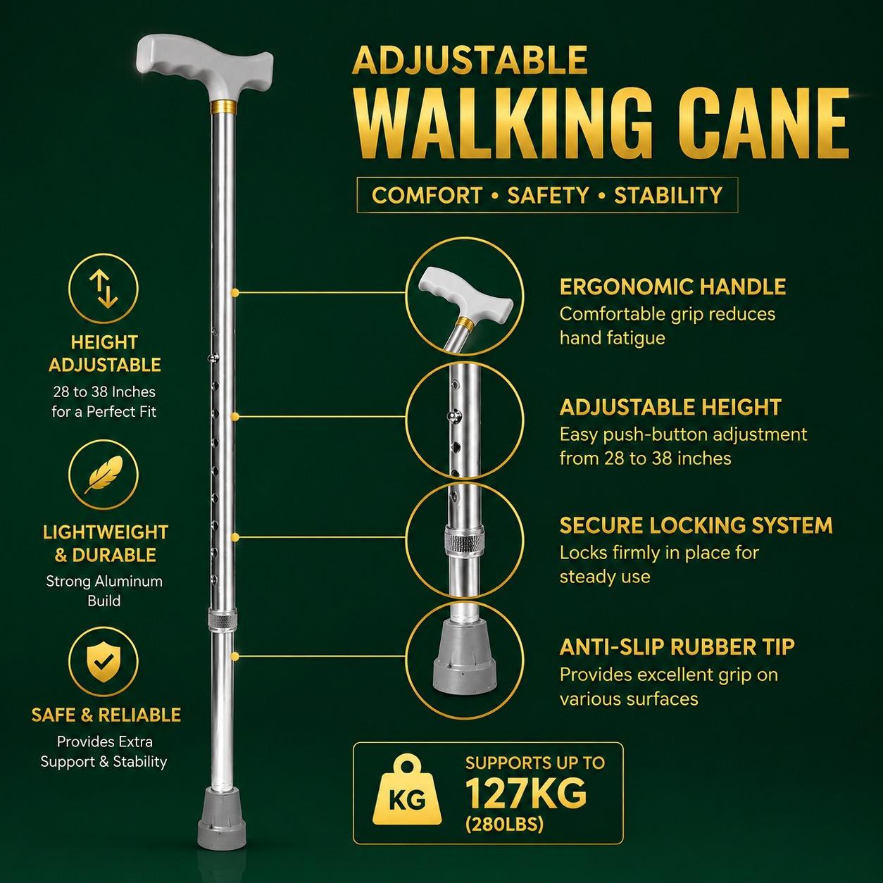 Adjustable Aluminium Walking Stick 28–38 Inch Lightweight Walking Cane with Ergonomic Handle & Anti-Slip Rubber Tip