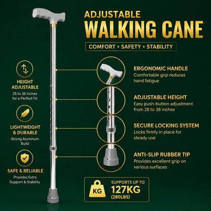 Adjustable Aluminium Walking Stick 28–38 Inch Lightweight Walking Cane with Ergonomic Handle & Anti-Slip Rubber Tip