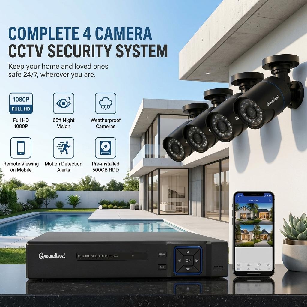 4 Camera Home CCTV System Full HD 1080P DVR Kit Outdoor Night Vision Remote Monitoring UK