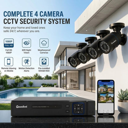 4 Camera Home CCTV System Full HD 1080P DVR Kit Outdoor Night Vision Remote Monitoring UK