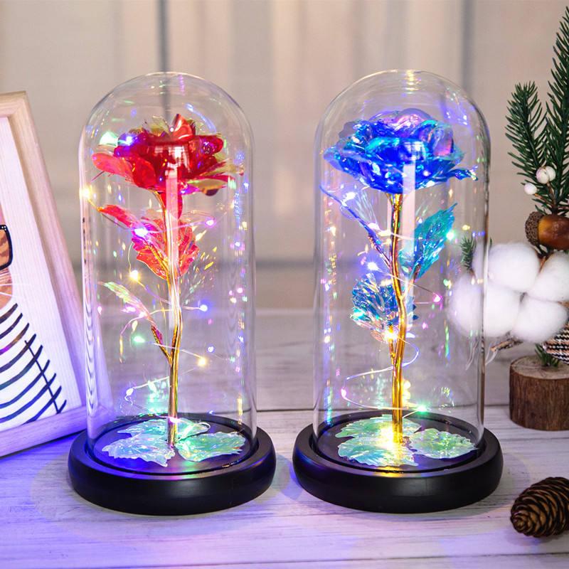 Light Up Artificial Rose in Glass Dome with LED Lights Decorative Flower Display Ornament Random Colour
