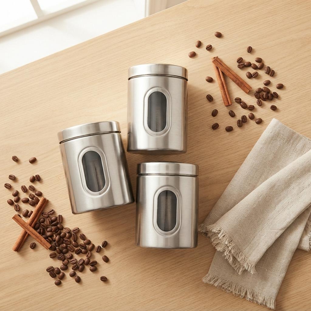 3 Piece Stainless Steel Kitchen Storage Canister Set with Lids 1.5L Coffee Tea Sugar Storage Containers Powder Coated Metal Kitchen Storage Jars