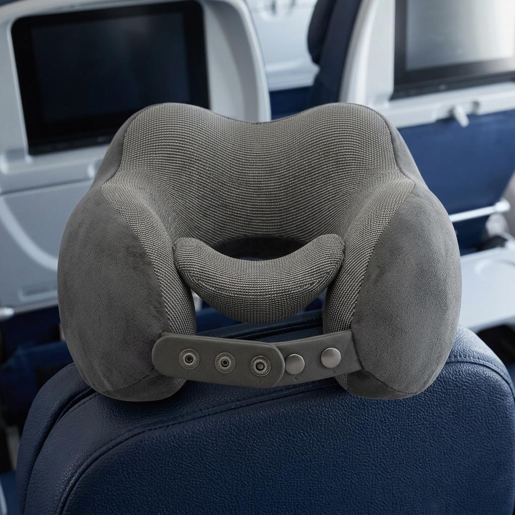 Memory Foam Travel Pillow Set with Eye Mask & Ear Plugs Adjustable Neck Support Cushion Washable Travel Pillow for Plane, Car & Train