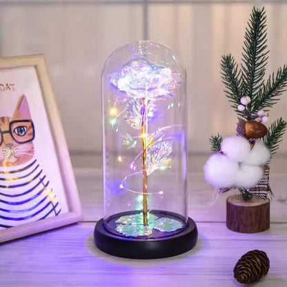 Light Up Artificial Rose in Glass Dome with LED Lights Decorative Flower Display Ornament Random Colour