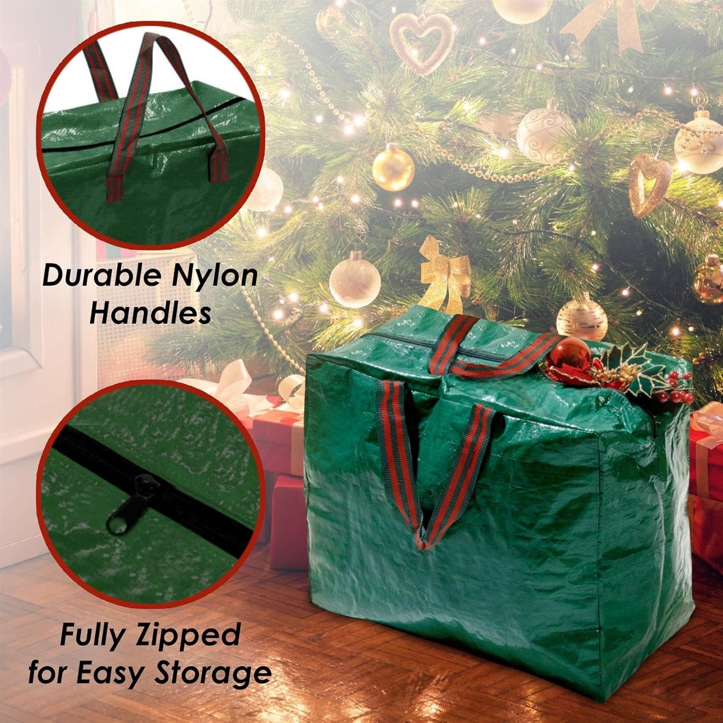 Large Christmas Lights Storage Bag Zip Closure Strong Handles Delicate Decorations Ornaments Baubles Wrapping Paper and Tinsel Storage Durable Woven Polyethylene Material L46 x W25 x H38cm