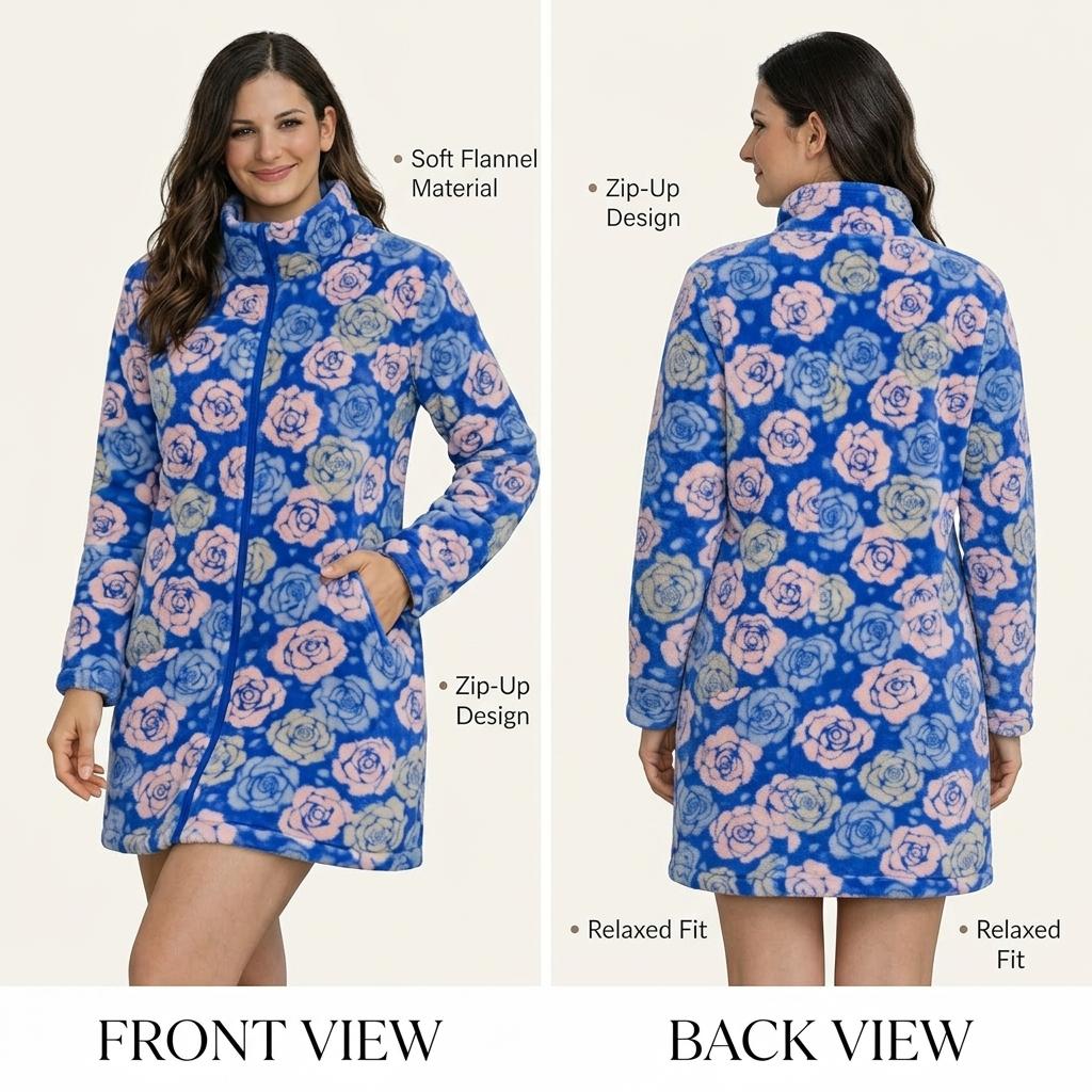 Ladies Tartan Check Fleece Dressing Gown Zip Up Housecoat Warm Robe with Pockets for Women