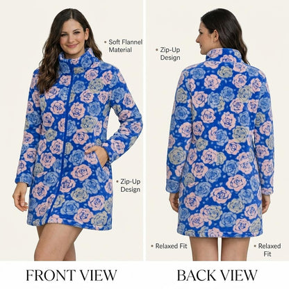 Ladies Tartan Check Fleece Dressing Gown Zip Up Housecoat Warm Robe with Pockets for Women