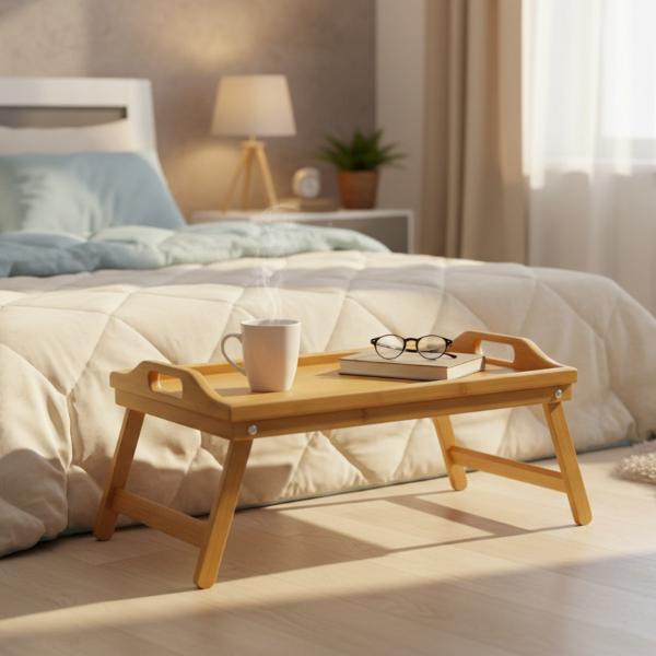 New Bamboo Bedside Table with Foldable Legs Bed Tray Breakfast Tray for Sofa Bed Eating Working Used As Desk for Laptop Snack Serving