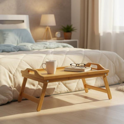 New Bamboo Bedside Table with Foldable Legs Bed Tray Breakfast Tray for Sofa Bed Eating Working Used As Desk for Laptop Snack Serving
