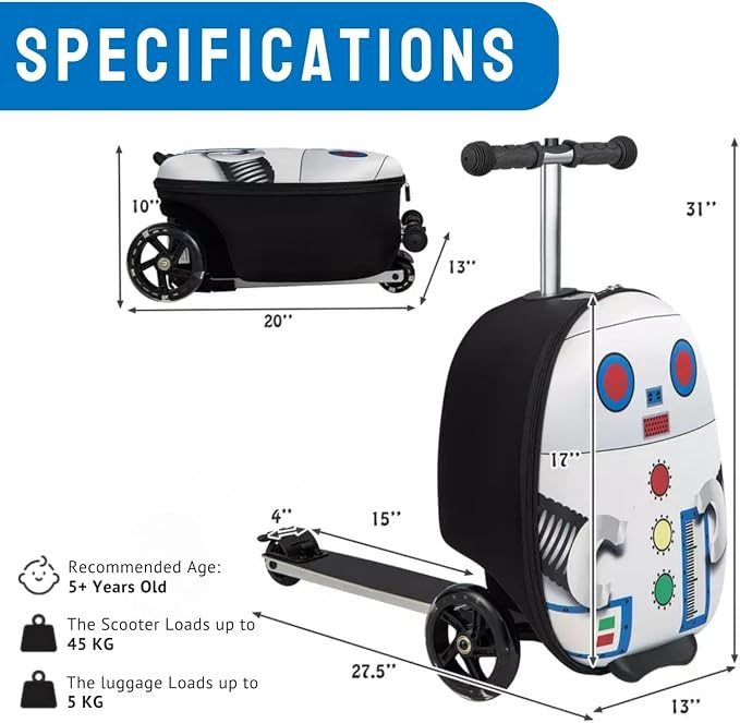 2-in-1 Kids Scooter Suitcase 18 Inch Foldable Ride-On Children's Luggage 25L Lightweight Travel Case with Smooth Wheels for Boys & Girls 5+