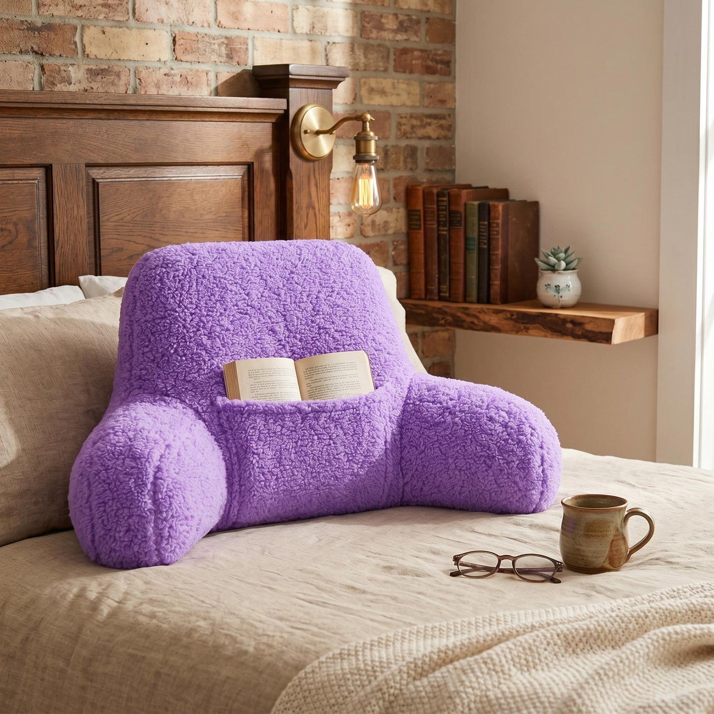 Plush Teddy Fleece Reading Pillow with Armrests & Pocket – Soft Backrest Cushion