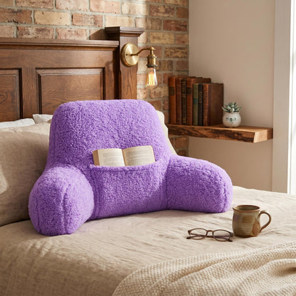 Plush Teddy Fleece Reading Pillow with Armrests & Pocket – Soft Backrest Cushion