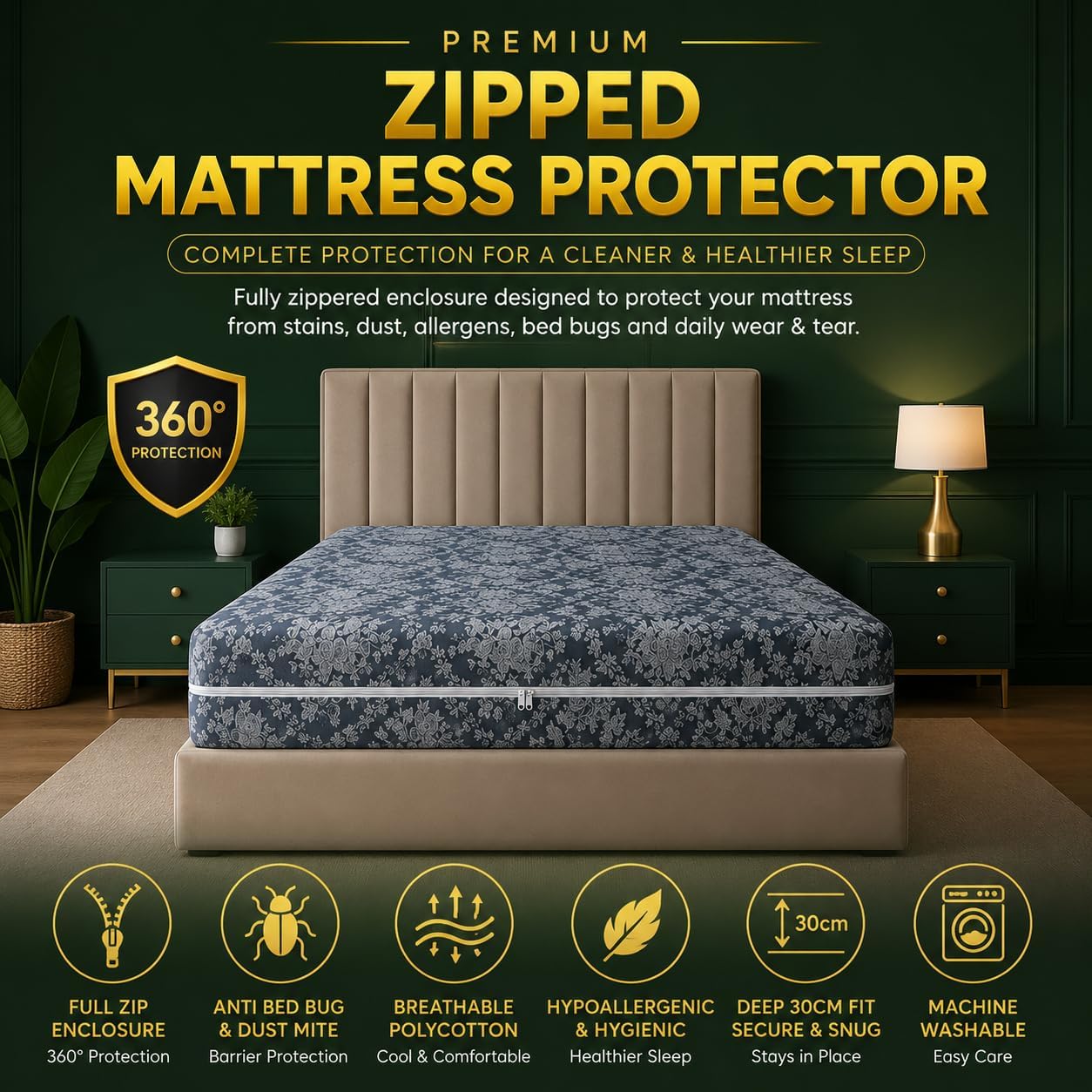 King Size Mattress Protector 30cm Deep Fitted Polycotton Mattress Cover with Zip | Anti Allergy, Breathable & Dust Mite Resistant
