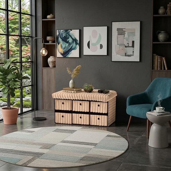 6 Drawer Ottoman Storage Bench with Velvet Cord Finish  Fabric Storage Chest, Padded Footstool Seat, Multipurpose Bedroom, Living Room & Hallway