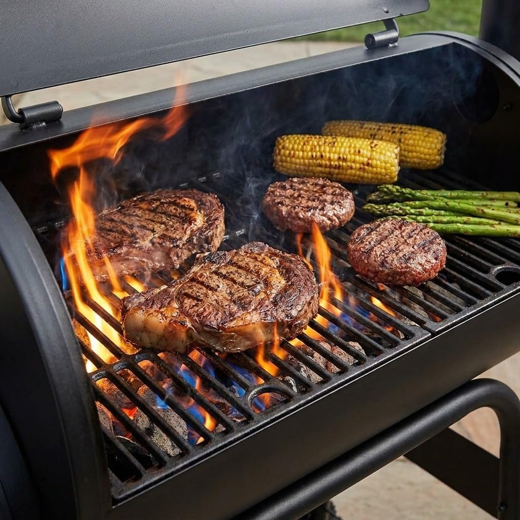 Outdoor Charcoal BBQ Grill with Rotisserie, Large Cooking Surface, Folding Side Tables & Wheels  Heavy Duty Garden Barbecue Smoker for Patio, Backyard & Outdoor Cooking