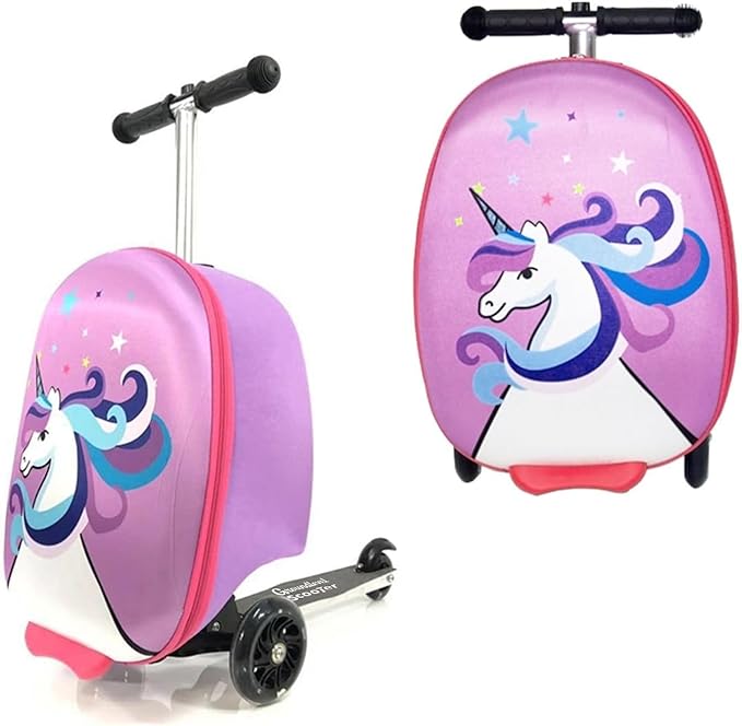 2 in 1 Kids Scooter Suitcase Cabin Approved  Foldable Ride On Travel Luggage with Non Slip Deck, Lightweight 18 Inch Carry-On Suitcase for Children 5+ Years