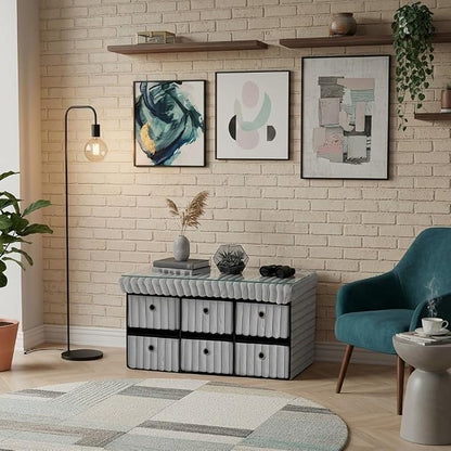 6 Drawer Ottoman Storage Bench with Velvet Cord Finish  Fabric Storage Chest, Padded Footstool Seat, Multipurpose Bedroom, Living Room & Hallway