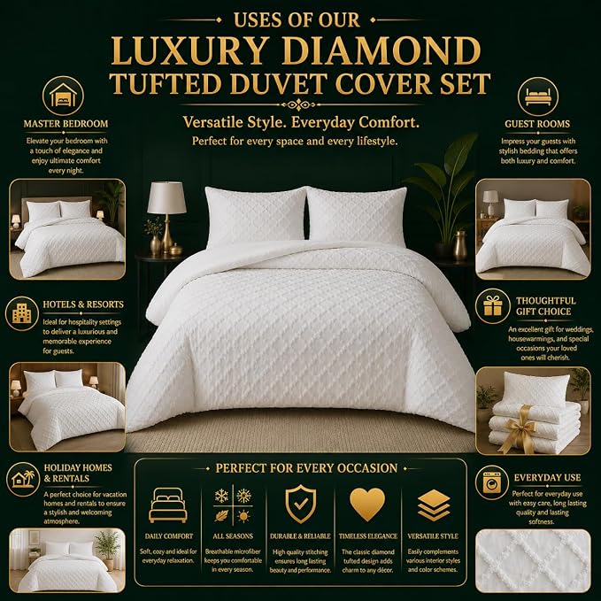 Double Duvet Cover Set Beige Tufted Bedding Set with 2 Pillowcases | Soft  Textured Geometric Quilt Cover with Hidden Zip