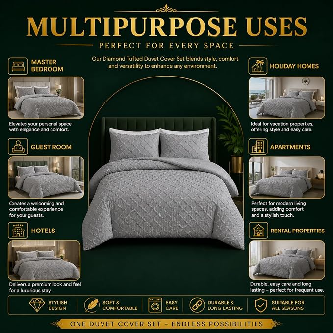 Double Duvet Cover Set Beige Tufted Bedding Set with 2 Pillowcases | Soft  Textured Geometric Quilt Cover with Hidden Zip