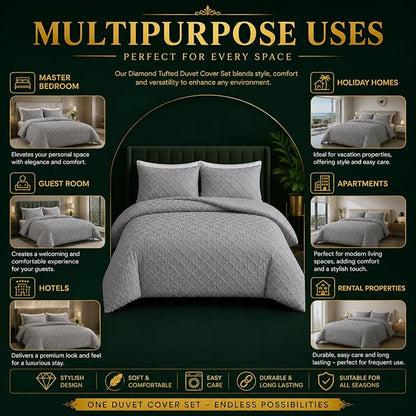 Double Duvet Cover Set Beige Tufted Bedding Set with 2 Pillowcases | Soft  Textured Geometric Quilt Cover with Hidden Zip