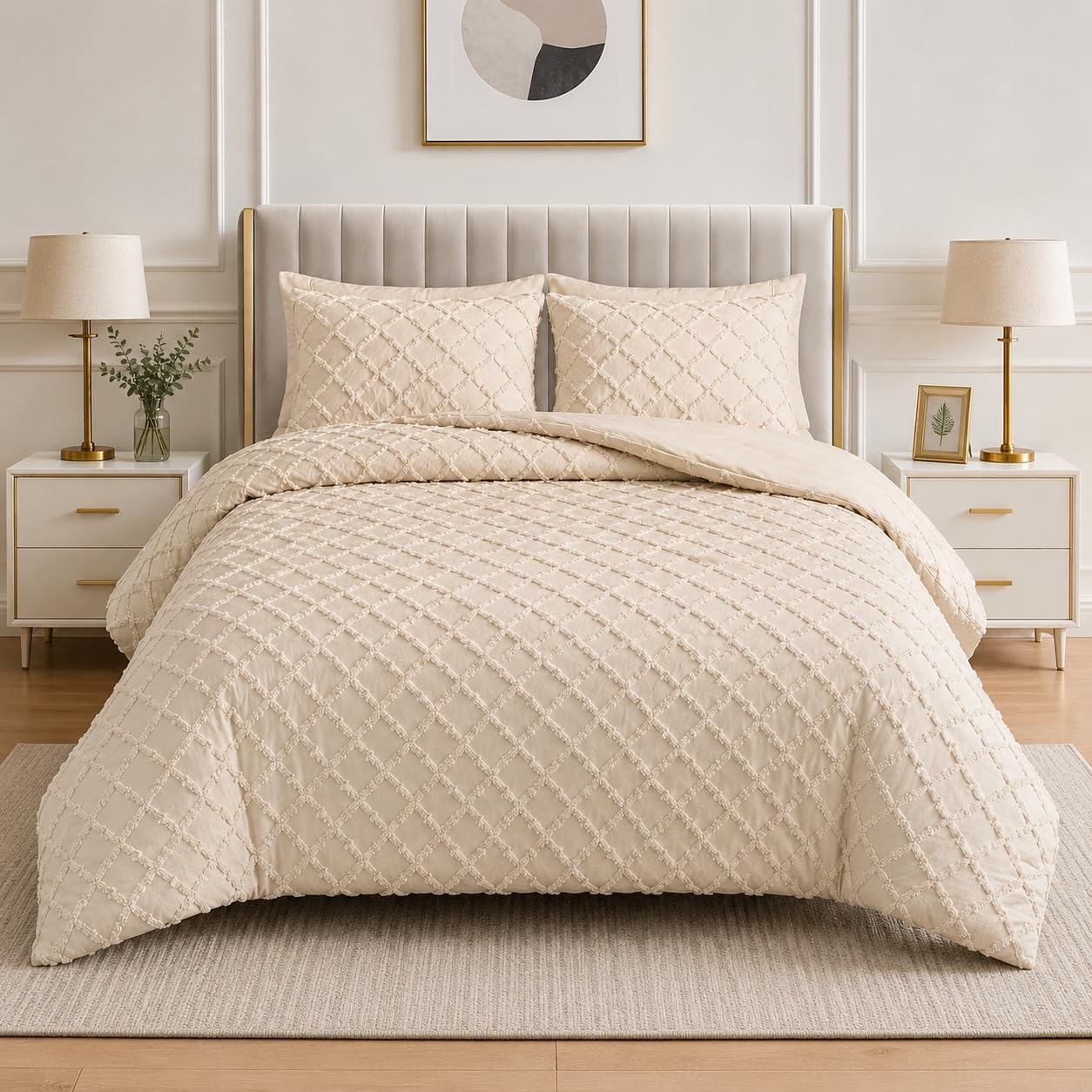 Double Duvet Cover Set Beige Tufted Bedding Set with 2 Pillowcases | Soft  Textured Geometric Quilt Cover with Hidden Zip